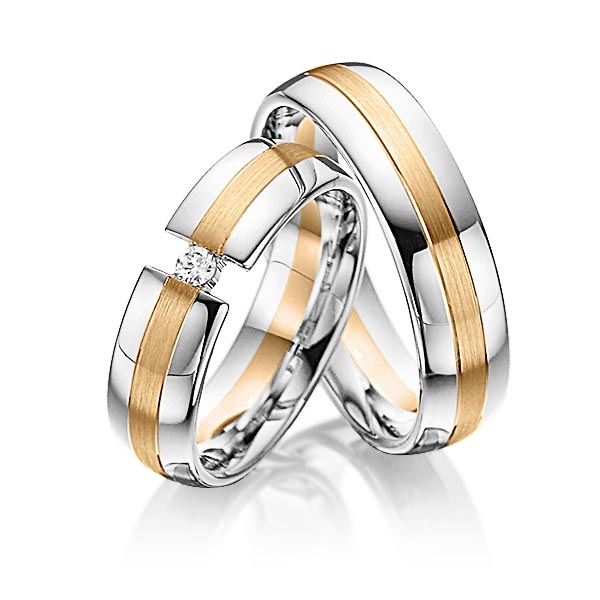 Set Bicolor trouwringen in witgoud 14 kt. roségoud 14 kt. met in totaal 0,05 ct. Briljant tw/si van Steinberg
