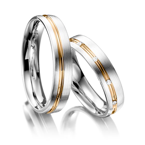 Set Bicolor trouwringen in witgoud 14 kt. roségoud 14 kt. met in totaal 0,05 ct. Briljant tw/si van Steinberg - Q-1198-6 Set Bicolor trouwringen in witgoud 14 kt. roségoud 14 kt. met in totaal 0,05 ct. Briljant tw/si van Steinberg - Q-1198-6