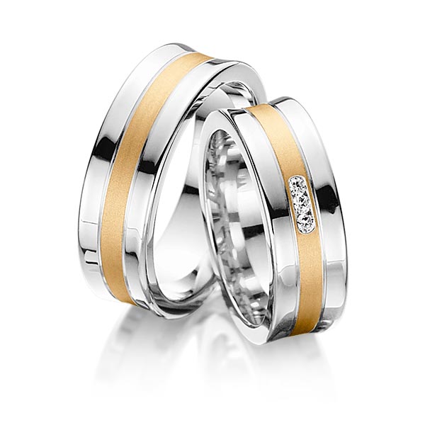 Set Bicolor trouwringen in witgoud 14 kt. roségoud 14 kt. met in totaal 0,06 ct. Briljant tw/si van Steinberg