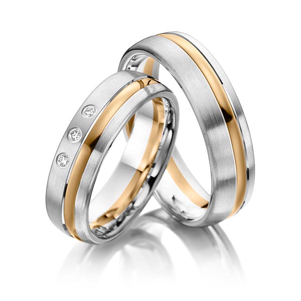 Set Bicolor trouwringen in witgoud 14 kt. roségoud 14 kt. met in totaal 0,06 ct. Briljant tw/si van Steinberg