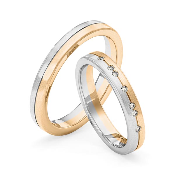 Set Bicolor trouwringen in witgoud 14 kt. roségoud 14 kt. met in totaal 0,07 ct. Briljant tw,vs van Merii - M-1267-3 Set Bicolor trouwringen in witgoud 14 kt. roségoud 14 kt. met in totaal 0,07 ct. Briljant tw,vs van Merii - M-1267-3