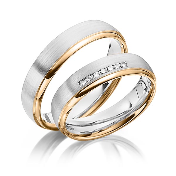 Set Bicolor trouwringen in witgoud 14 kt. roségoud 14 kt. met in totaal 0,07 ct. Briljant tw/si van Steinberg