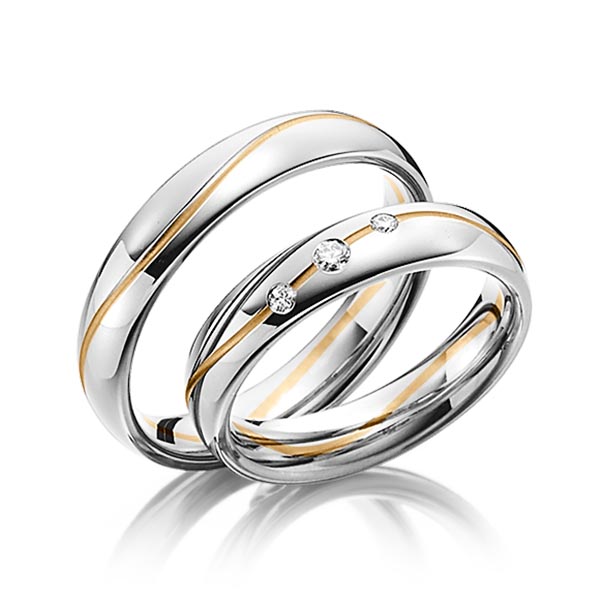 Set Bicolor trouwringen in witgoud 14 kt. roségoud 14 kt. met in totaal 0,08 ct. Briljant tw/si van Steinberg