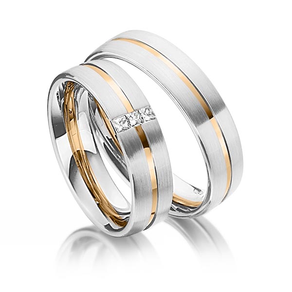 Set Bicolor trouwringen in witgoud 14 kt. roségoud 14 kt. met in totaal 0,09 ct. Princess-Diamant tw/si van Steinberg