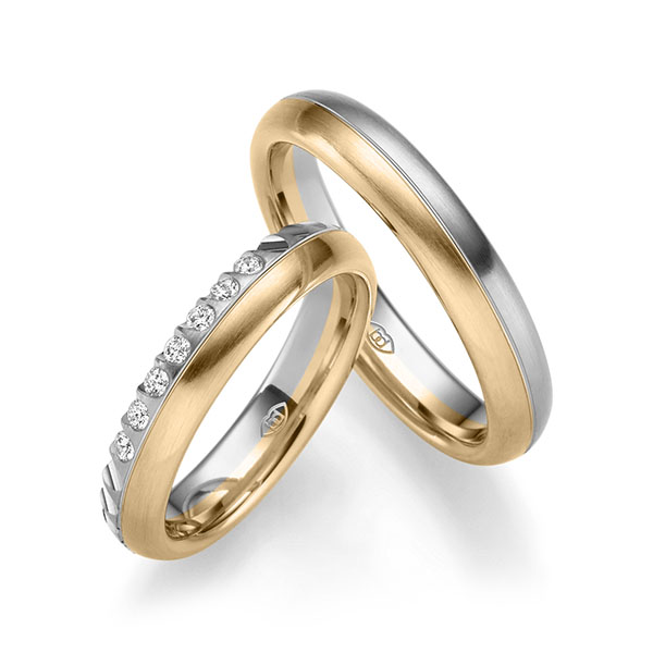 Set Bicolor trouwringen in witgoud 14 kt. roségoud 14 kt. met in totaal 0,14 ct. Briljant tw/si van Merii