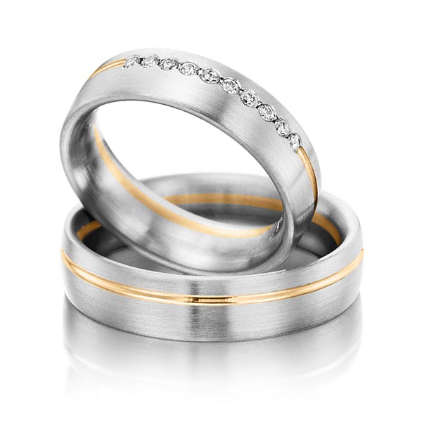 Set Bicolor trouwringen in witgoud 14 kt. roségoud 14 kt. met in totaal 0,15 ct. Briljant tw/si van Steinberg - Q-1202-3 Set Bicolor trouwringen in witgoud 14 kt. roségoud 14 kt. met in totaal 0,15 ct. Briljant tw/si van Steinberg - Q-1202-3