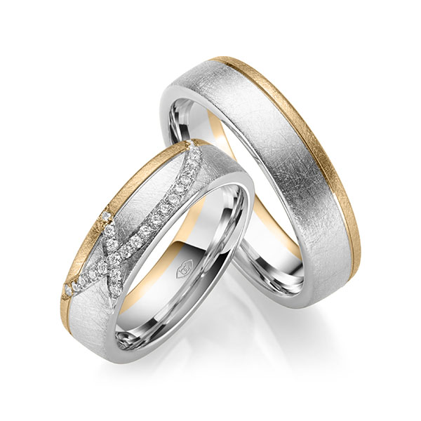 Set Bicolor trouwringen in witgoud 14 kt. roségoud 14 kt. met in totaal 0,168 ct. Briljant tw/si - UQ-1050-6 Set Bicolor trouwringen in witgoud 14 kt. roségoud 14 kt. met in totaal 0,168 ct. Briljant tw/si - UQ-1050-6