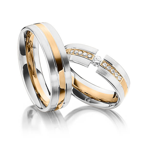 Set Bicolor trouwringen in witgoud 14 kt. roségoud 14 kt. met in totaal 0,16 ct. Briljant tw/si van Steinberg