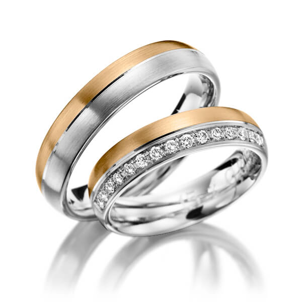 Set Bicolor trouwringen in witgoud 14 kt. roségoud 14 kt. met in totaal 0,225 ct. Briljant tw/si van Steinberg - Q-1200-8 Set Bicolor trouwringen in witgoud 14 kt. roségoud 14 kt. met in totaal 0,225 ct. Briljant tw/si van Steinberg - Q-1200-8