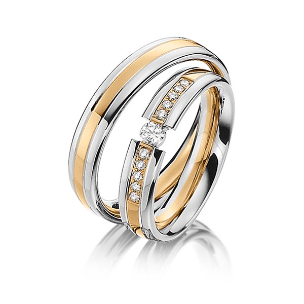 Set Bicolor trouwringen in witgoud 14 kt. roségoud 14 kt. met in totaal 0,2 ct. Briljant tw/si van Steinberg