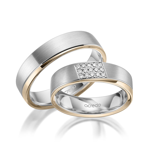 Set Bicolor trouwringen in witgoud 14 kt. Signature Goud 585 met in totaal 0,12 ct. Briljant tw/si van acredo - A-1978-13 Set Bicolor trouwringen in witgoud 14 kt. Signature Goud 585 met in totaal 0,12 ct. Briljant tw/si van acredo - A-1978-13