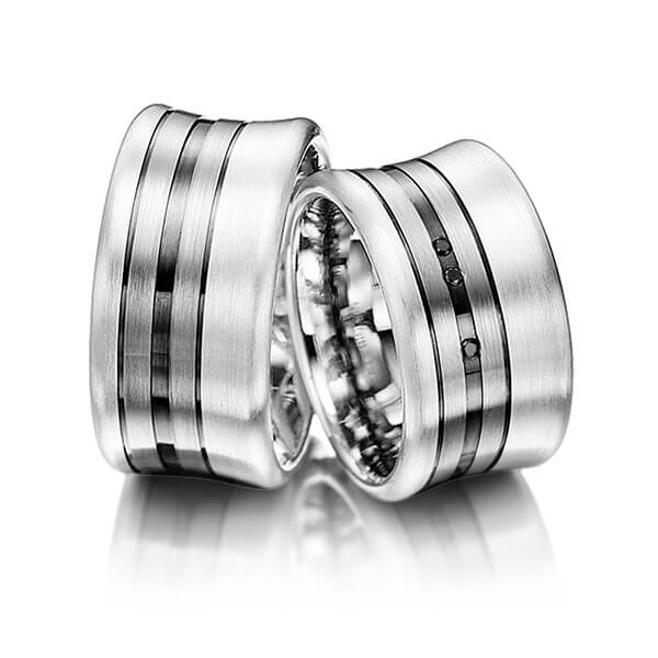Set Bicolor trouwringen in zilver 925 palladium 14 kt. met in totaal 0,03 ct. Briljant Zwart van Merii