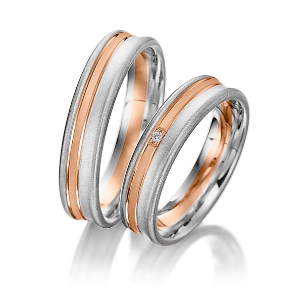 Set Bicolor trouwringen in zilver 925 roodgoud 14 kt. met in totaal 0,01 ct. Briljant tw/si van Merii