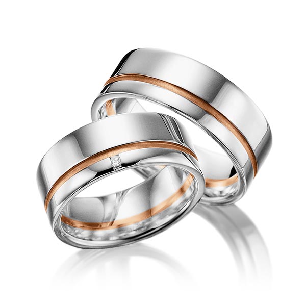 Set Bicolor trouwringen in zilver 925 roodgoud 14 kt. met in totaal 0,01 ct. Briljant tw/si van Merii