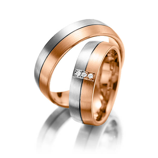 Set Bicolor trouwringen in zilver 925 roodgoud 14 kt. met in totaal 0,03 ct. Briljant tw/si van Merii - M-1141-12