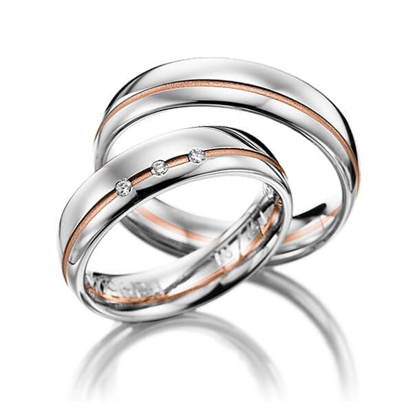 Set Bicolor trouwringen in zilver 925 roodgoud 14 kt. met in totaal 0,045 ct. Briljant tw/si van Merii