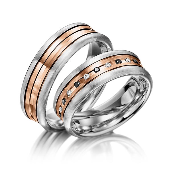 Set Bicolor trouwringen in zilver 925 roodgoud 14 kt. met in totaal 0,24 ct. Briljant tw/si Zwart van Merii