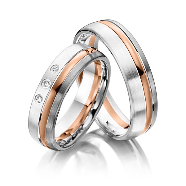 Set Bicolor trouwringen in zilver 925 roodgoud 14 kt. palladium 14 kt. met in totaal 0,06 ct. Briljant tw/si van Steinberg