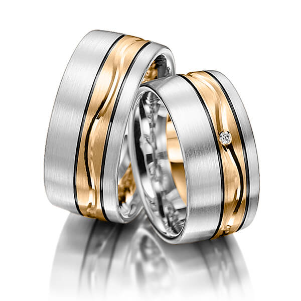 Set Bicolor trouwringen in zilver 925 roségoud 14 kt. met in totaal 0,015 ct. Briljant tw/si van Merii