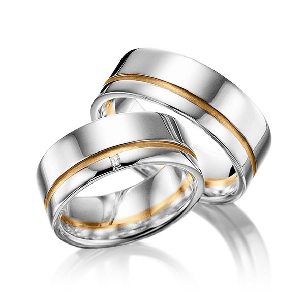 Set Bicolor trouwringen in zilver 925 roségoud 14 kt. met in totaal 0,01 ct. Briljant tw/si van Merii