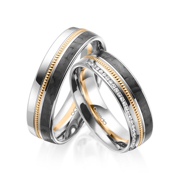Set Carbon Memoire-trouwringen in grijsgoud 14 kt. roségoud 14 kt. half gezet met in totaal 0,14 ct. Briljant tw/si van acredo