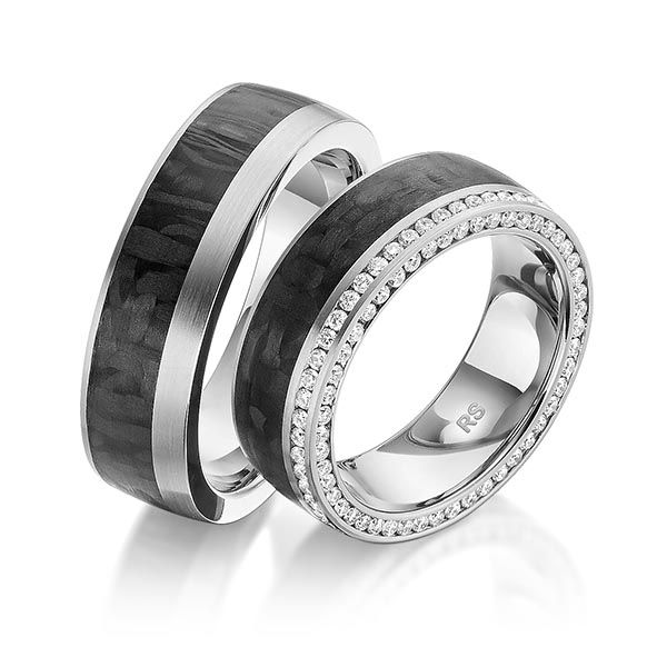 Set Carbon Memoire-trouwringen in grijsgoud 14 kt. volledig gezet met in totaal 0,824 ct. Briljant tw/si van acredo