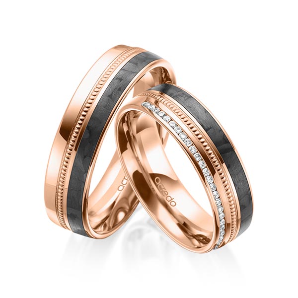 Set Carbon Memoire-trouwringen in roodgoud 14 kt. half gezet met in totaal 0,14 ct. Briljant tw/si van acredo