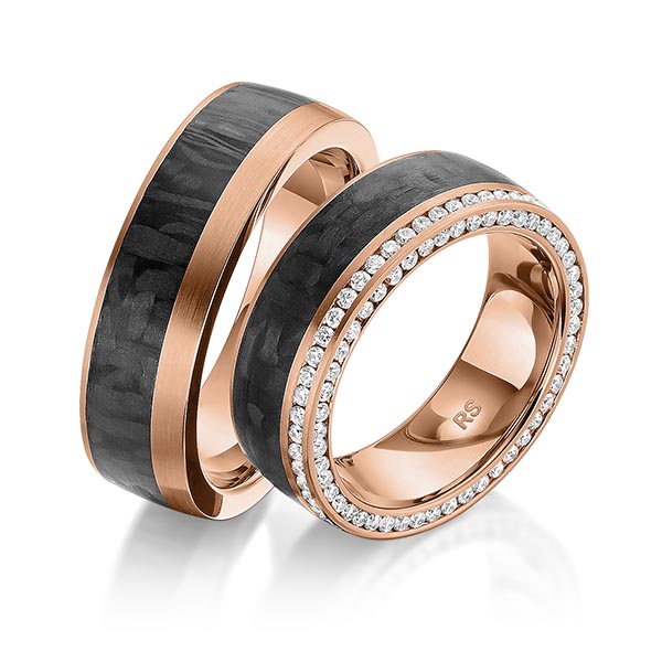 Set Carbon Memoire-trouwringen in roodgoud 14 kt. volledig gezet met in totaal 0,824 ct. Briljant tw/si van acredo