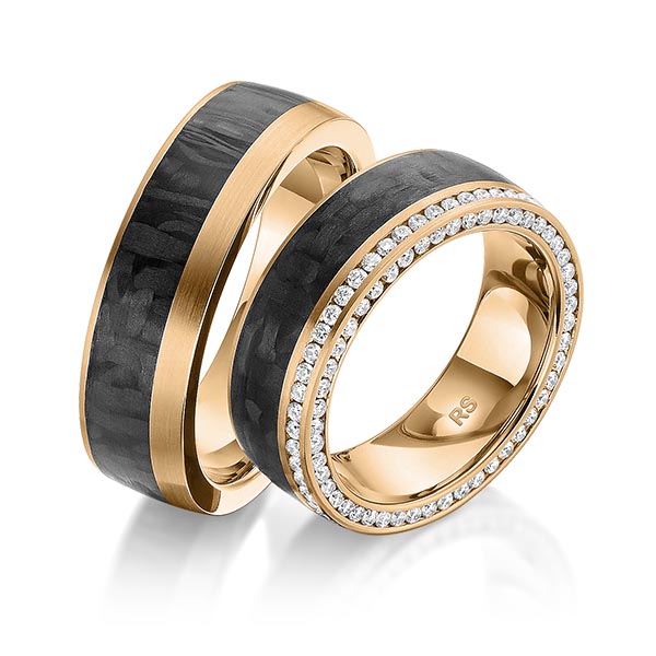 Set Carbon Memoire-trouwringen in roségoud 14 kt. volledig gezet met in totaal 0,824 ct. Briljant tw/si van acredo