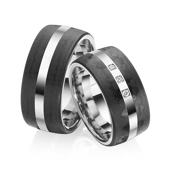 Set Carbon trouwringen in edelstaal met Carbon indentation met in totaal 0,045 ct. Briljant tw/si van Eternal Touch
