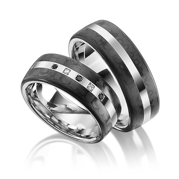 Set Carbon trouwringen in edelstaal met Carbon indentation met in totaal 0,05 ct. Briljant Zwart tw/si van Eternal Touch