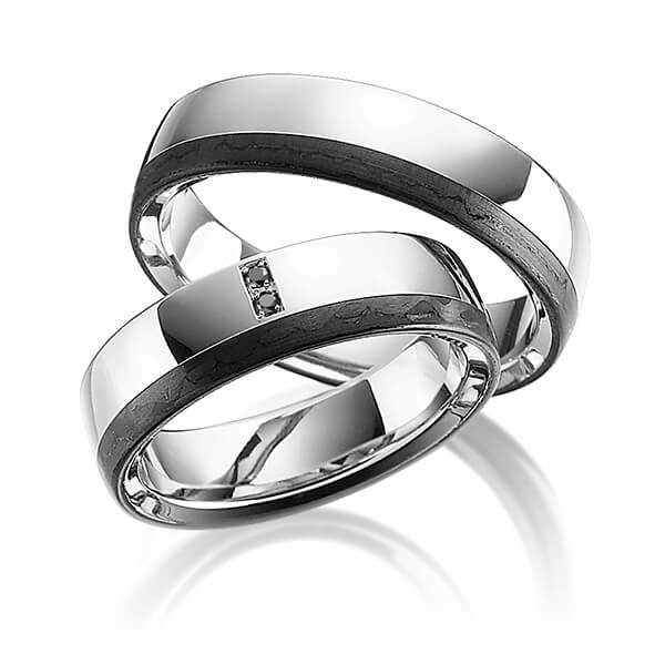 Set Carbon trouwringen in grijsgoud 14 kt. grijsgoud 14 kt. met Carbon indentation met in totaal 0,02 ct. Briljant Zwart van Eternal Touch