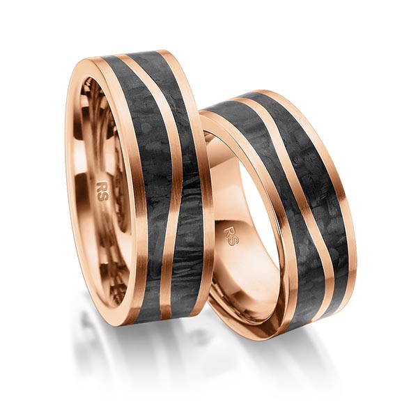 Set Carbon trouwringen in roodgoud 14 kt. roodgoud 14 kt. met Carbon indentation van acredo