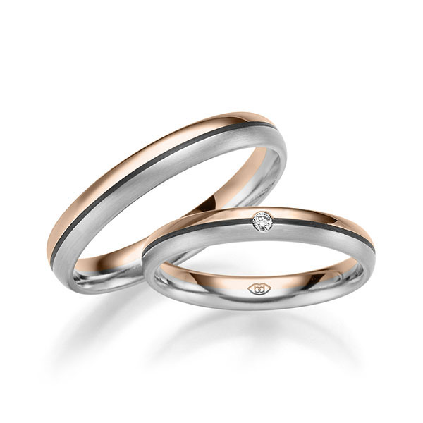 Set Carbon trouwringen in roodgoud 14 kt. witgoud 14 kt. met in totaal 0,02 ct. Briljant tw/si van Eternal Touch