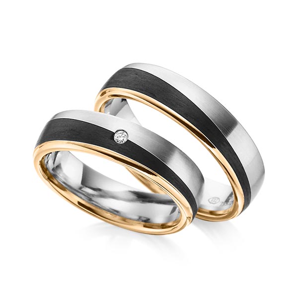 Set Carbon trouwringen in roségoud 14 kt. edelstaal met Carbon indentation met in totaal 0,02 ct. Briljant tw/si van Eternal Touch