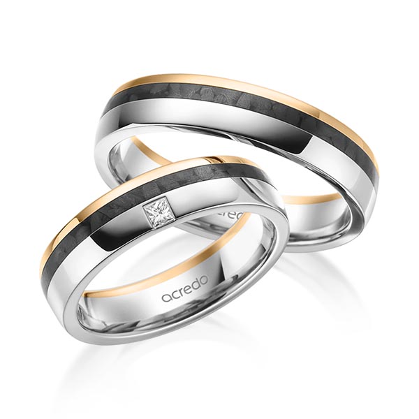 Set Carbon trouwringen in roségoud 14 kt. grijsgoud 14 kt. met in totaal 0,05 ct. Princess-Diamant tw/si van acredo