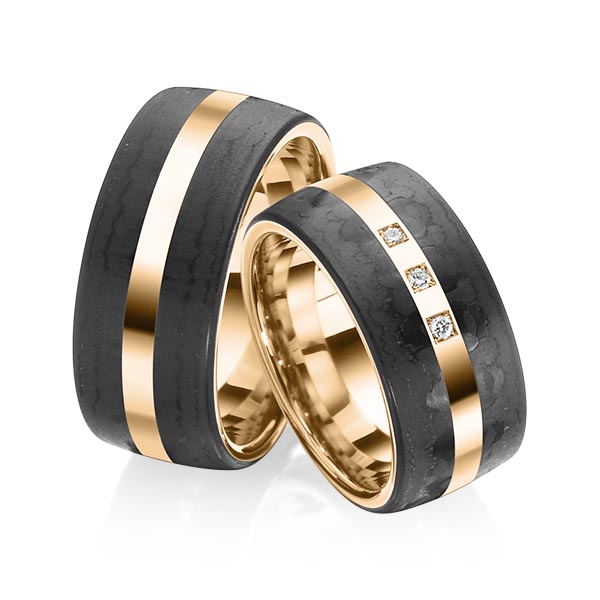 Set Carbon trouwringen in roségoud 14 kt. met Carbon indentation met in totaal 0,045 ct. Briljant tw/si van Eternal Touch