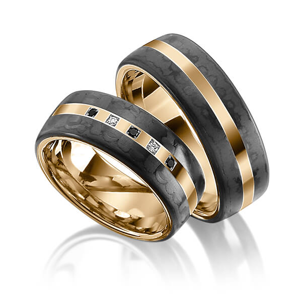 Set Carbon trouwringen in roségoud 14 kt. met Carbon indentation met in totaal 0,05 ct. Briljant Zwart tw/si van Eternal Touch