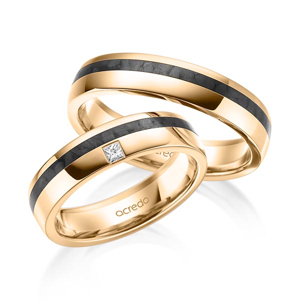 Set Carbon trouwringen in roségoud 14 kt. met in totaal 0,05 ct. Princess-Diamant tw/si van acredo