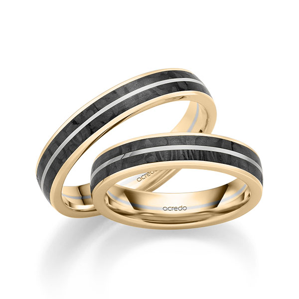 Set Carbon trouwringen in roségoud 14 kt. roségoud 14 kt. met Carbon indentation grijsgoud 14 kt. van acredo - S-1309-1