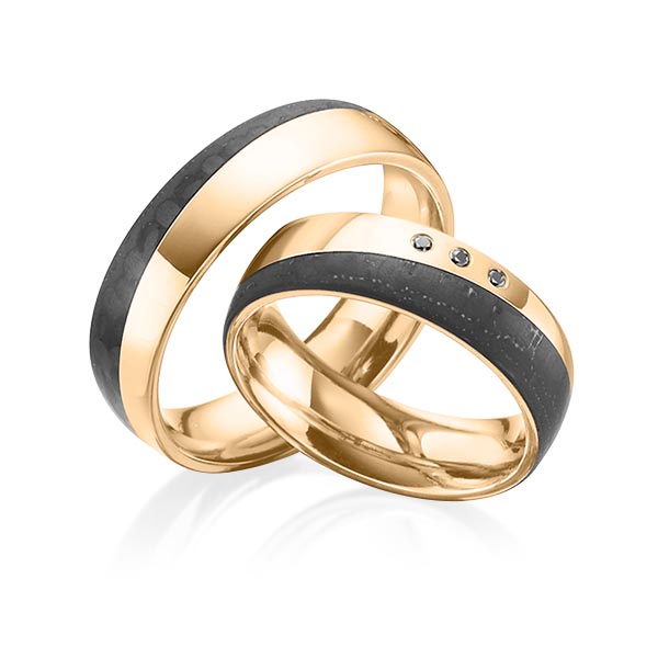 Set Carbon trouwringen in roségoud 14 kt. roségoud 14 kt. met Carbon indentation met in totaal 0,03 ct. Briljant Zwart van Eternal Touch