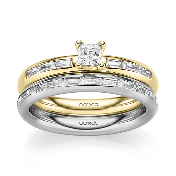 Set in geelgoud 14 kt. met 0,3 ct. + in totaal 0,85 ct. Briljant & Baguette-Diamant tw,vs van acredo
