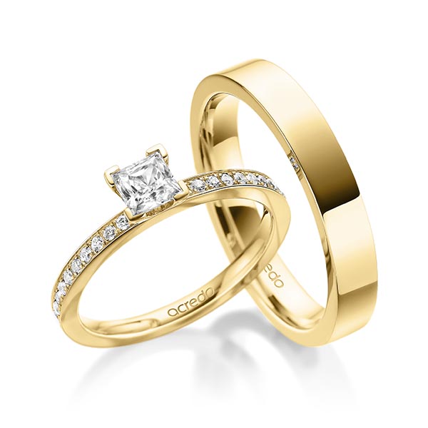 Set in geelgoud 14 kt. met 0,5 ct. + in totaal 0,2 ct. Princess-Diamant tw,vs tw/si van acredo - A-1934-2 Set in geelgoud 14 kt. met 0,5 ct. + in totaal 0,2 ct. Princess-Diamant tw,vs tw/si van acredo - A-1934-2