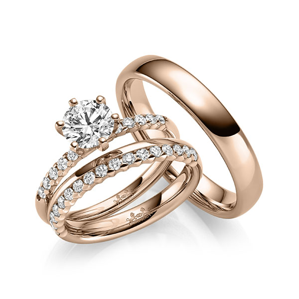 Set in roodgoud 14 kt. half gezet met 1 ct. + in totaal 0,54 ct. Briljant tw/si van Steinberg