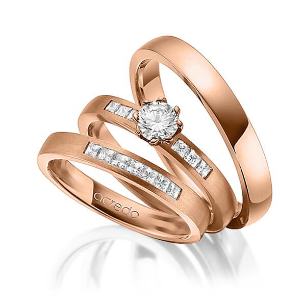 Set in roodgoud 14 kt. met 0,4 ct. + in totaal 0,39 ct. Princess-Diamant & Briljant tw/si tw,vs van acredo