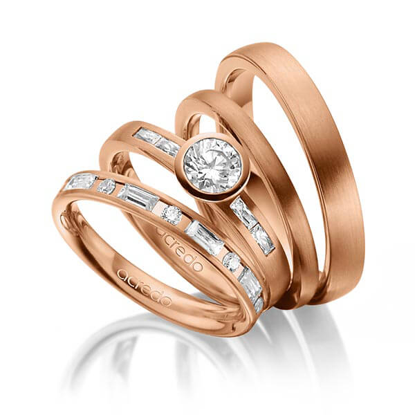 Set in roodgoud 14 kt. met 0,5 ct. + in totaal 1,005 ct. Baguette-Diamant & Briljant & Briljanten tw,vs tw/si van acredo