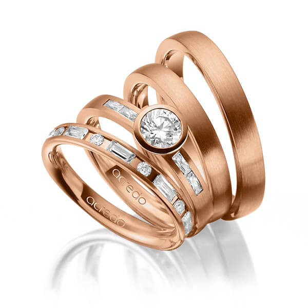 Set in roodgoud 14 kt. met 0,5 ct. + in totaal 1,005 ct. Baguette-Diamant & Briljant & Briljanten tw,vs tw/si van acredo