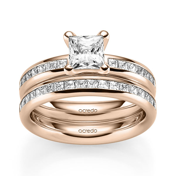 Set in roodgoud 14 kt. met 1 ct. + in totaal 1,05 ct. Briljant & Princess-Diamant tw,vs tw/si van acredo