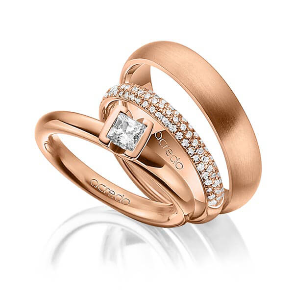 Set in Rotgold 585 mit 0,4 ct. + zus. 0,38 ct. Prinzess-Diamant & Brillant tw, vs tw, si von acredo