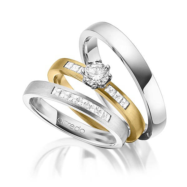 Set in Weißgold 585 mit 0,4 ct. + zus. 0,39 ct. Prinzess-Diamant & Brillant tw, si tw, vs von acredo